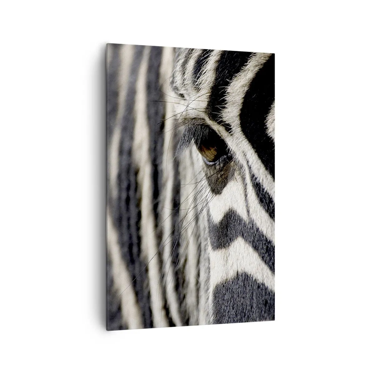 Bild auf Leinwand - Leinwandbild - Nahaufnahme eines Zebraauges mit schwarzen und weißen Streifen - 80x120cm - Gestreiftes Porträt - Moderne Wanddekoration für Wohnzimmer und Schlafzimmer ARTTOR