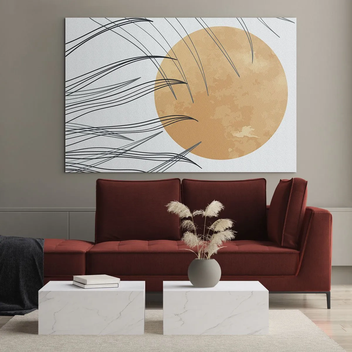 Glasbild - Bild auf glas - Orange Sonne mit dynamischen Linien auf hellem Hintergrund - 100x70cm - Immer der Sonne entgegen - Moderne Wanddekoration für Wohnzimmer und Schlafzimmer ARTTOR