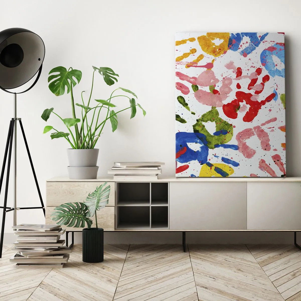 Bild auf Leinwand - Leinwandbild - Bunte Handabdrücke auf weißem Hintergrund - 70x100cm - Folgen Sie den Spuren - Moderne Wanddekoration für Wohnzimmer und Schlafzimmer ARTTOR