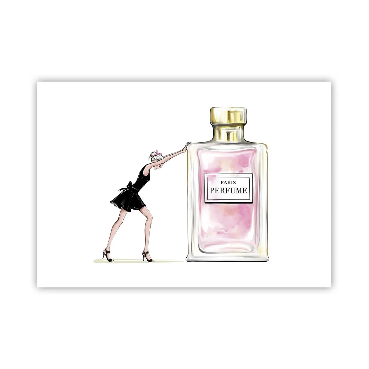 Poster - Eine Frau in einem schwarzen Kleid neben einer Parfümflasche - 100x70cm - Essenz der Weiblichkeit - Moderne Wanddekoration für Wohnzimmer und Schlafzimmer ARTTOR