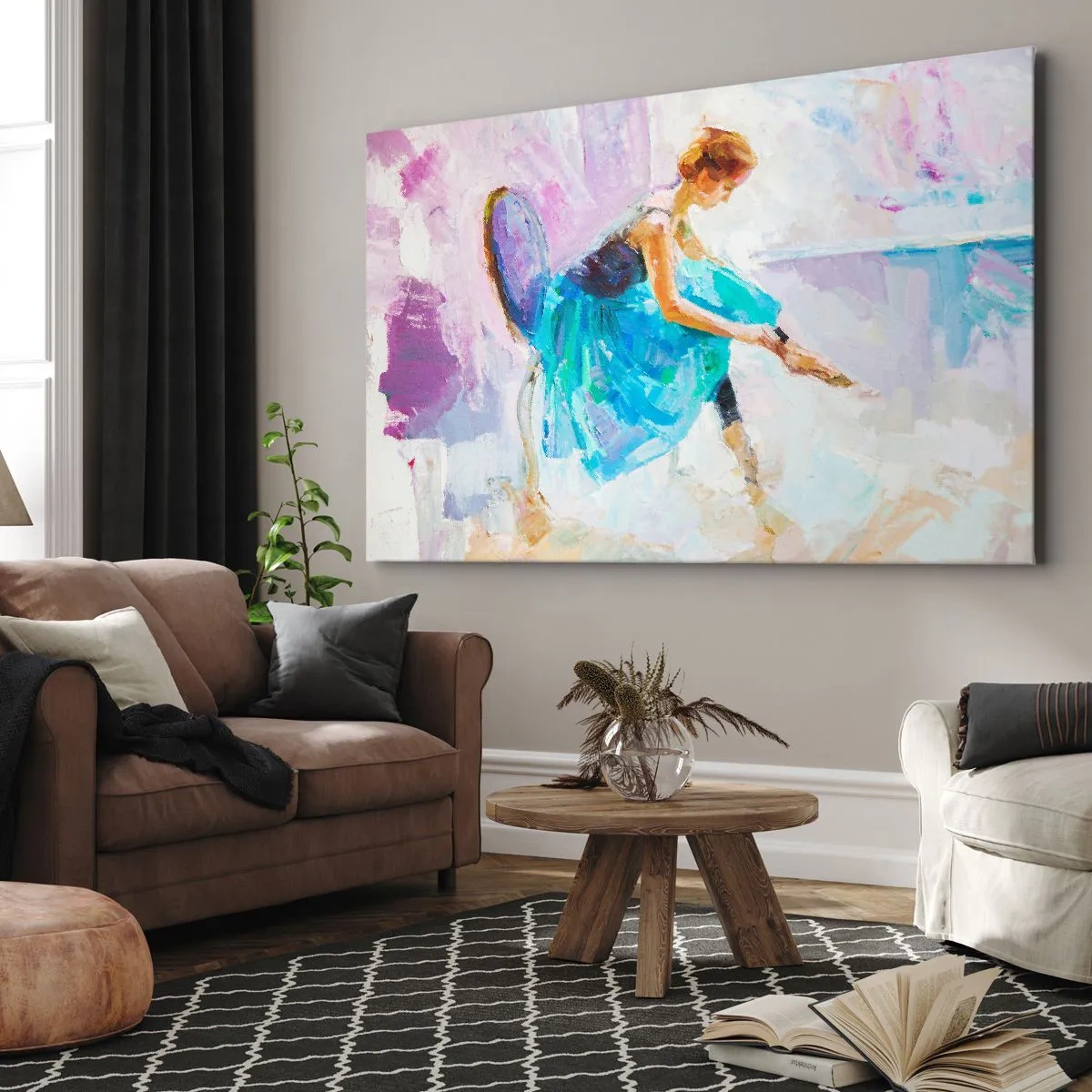 Bild auf Leinwand - Leinwandbild - Eine Ballerina in Pastelltönen bereitet sich auf den Tanz vor. - 120x80cm - Unbeschreibliche Anmut, subtiler Charme - Moderne Wanddekoration für Wohnzimmer und Schlafzimmer ARTTOR