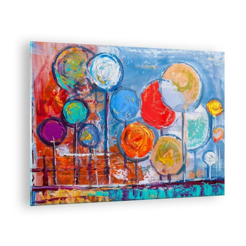 Glasbild - Bild auf glas - Bunte, abstrakte Bäume, die gegen den Himmel gemalt sind - 70x50cm - Wunder am Stiel - Moderne Wanddekoration für Wohnzimmer und Schlafzimmer ARTTOR