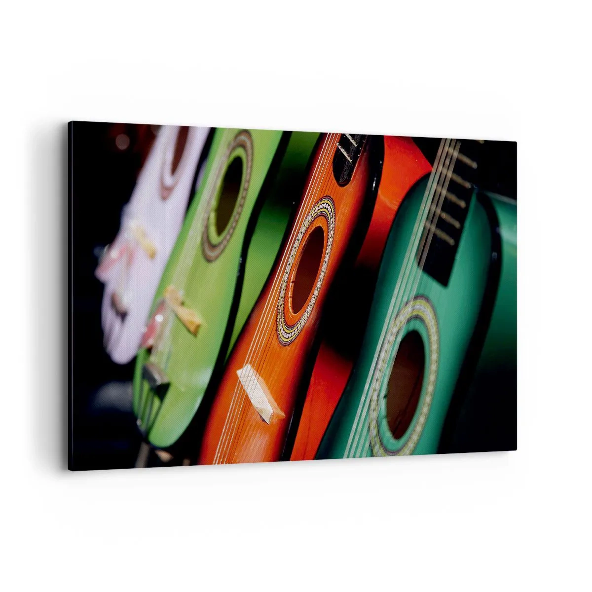Bild auf Leinwand - Leinwandbild - Bunte Gitarren in verschiedenen Farbtönen in einer Reihe angeordnet - 120x80cm - Die Gitarre hat viele Farben - Moderne Wanddekoration für Wohnzimmer und Schlafzimmer ARTTOR