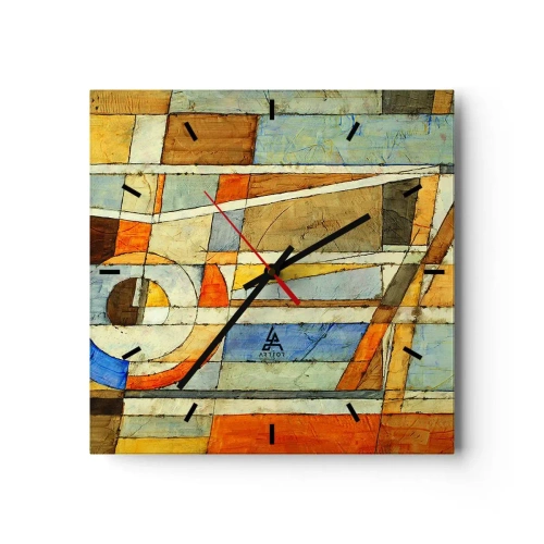 Wanduhr - Glasuhr - Geometrische Abstraktion in Beige-, Blau- und Orangetönen - 30x30cm - Kubismus auf der Baustelle - Moderne Wanddekoration für Wohnzimmer und Schlafzimmer ARTTOR