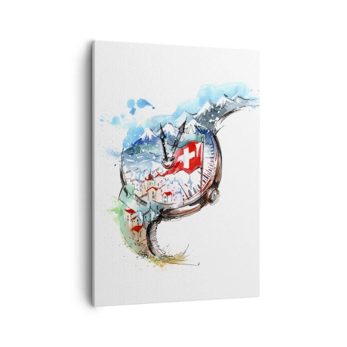 Bild auf Leinwand - Leinwandbild - Eine Aquarelllandschaft der Schweiz im Uhrwerk-Design - 50x70cm - Der Geist der Schweiz - Moderne Wanddekoration für Wohnzimmer und Schlafzimmer ARTTOR