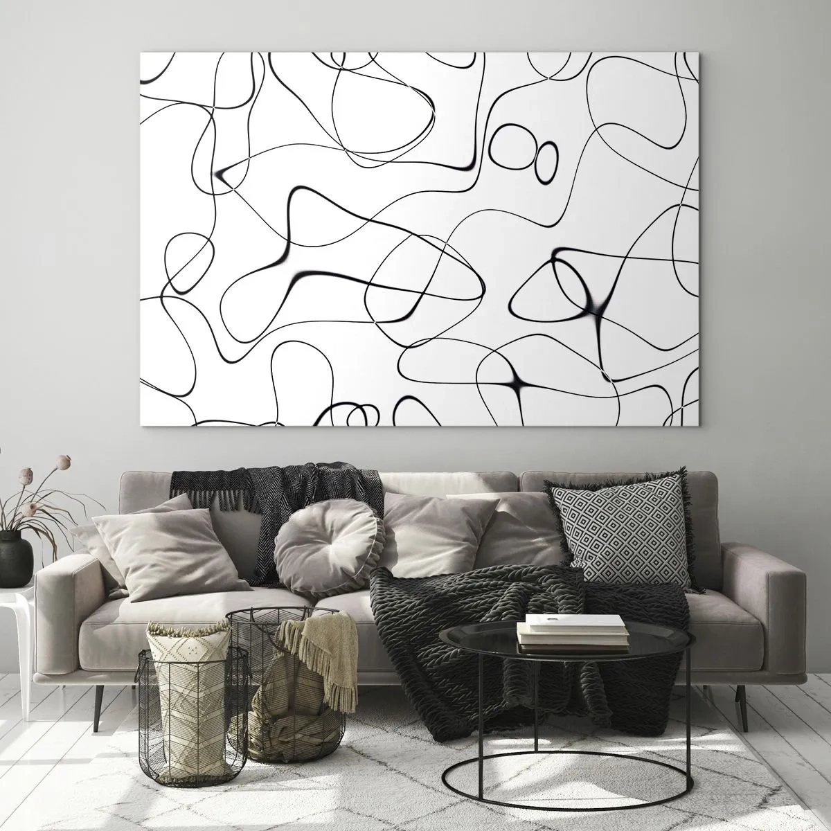 Glasbild - Bild auf glas - Abstrakte schwarze Linien auf weißem Hintergrund - 70x50cm - Lebenswege, Wechselfälle - Moderne Wanddekoration für Wohnzimmer und Schlafzimmer ARTTOR