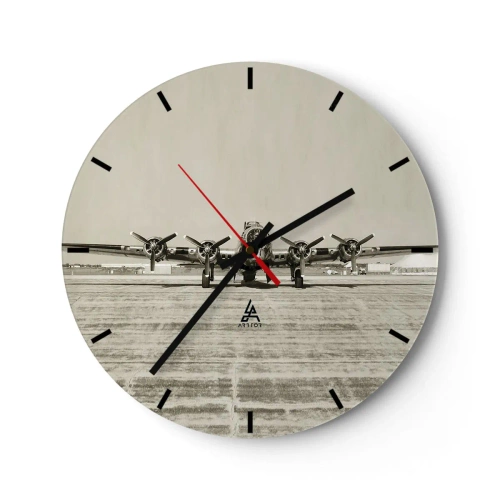Wanduhr - Glasuhr - Oldtimer-Flugzeug auf einem Retro-Flughafen - 30x30cm - Wie immer bereit - Moderne Wanddekoration für Wohnzimmer, Küche und Schlafzimmer ARTTOR