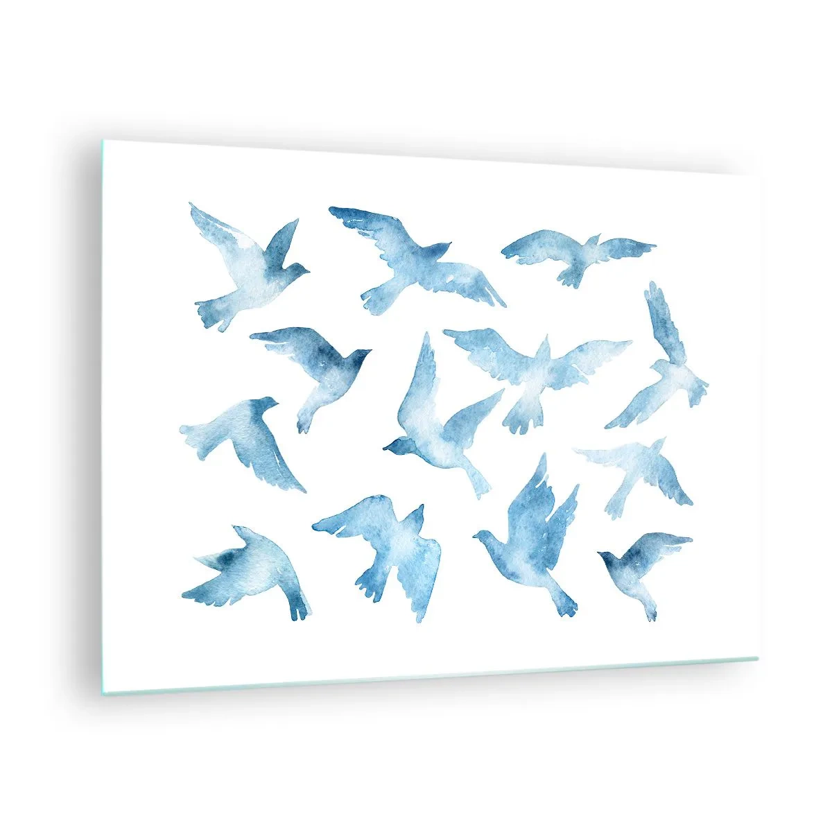 Glasbild - Bild auf glas - Illustration von blauen Vögeln auf weißem Hintergrund - 70x50cm - Blaue Vögel - Moderne Wanddekoration für Wohnzimmer und Schlafzimmer ARTTOR