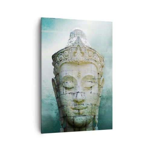 Bild auf Leinwand - Leinwandbild - Buddha-Statue mit sanftem Nebel vor grünem Hintergrund - 70x100cm - Auf der Suche nach dem Licht - Moderne Wanddekoration für Wohnzimmer und Schlafzimmer ARTTOR