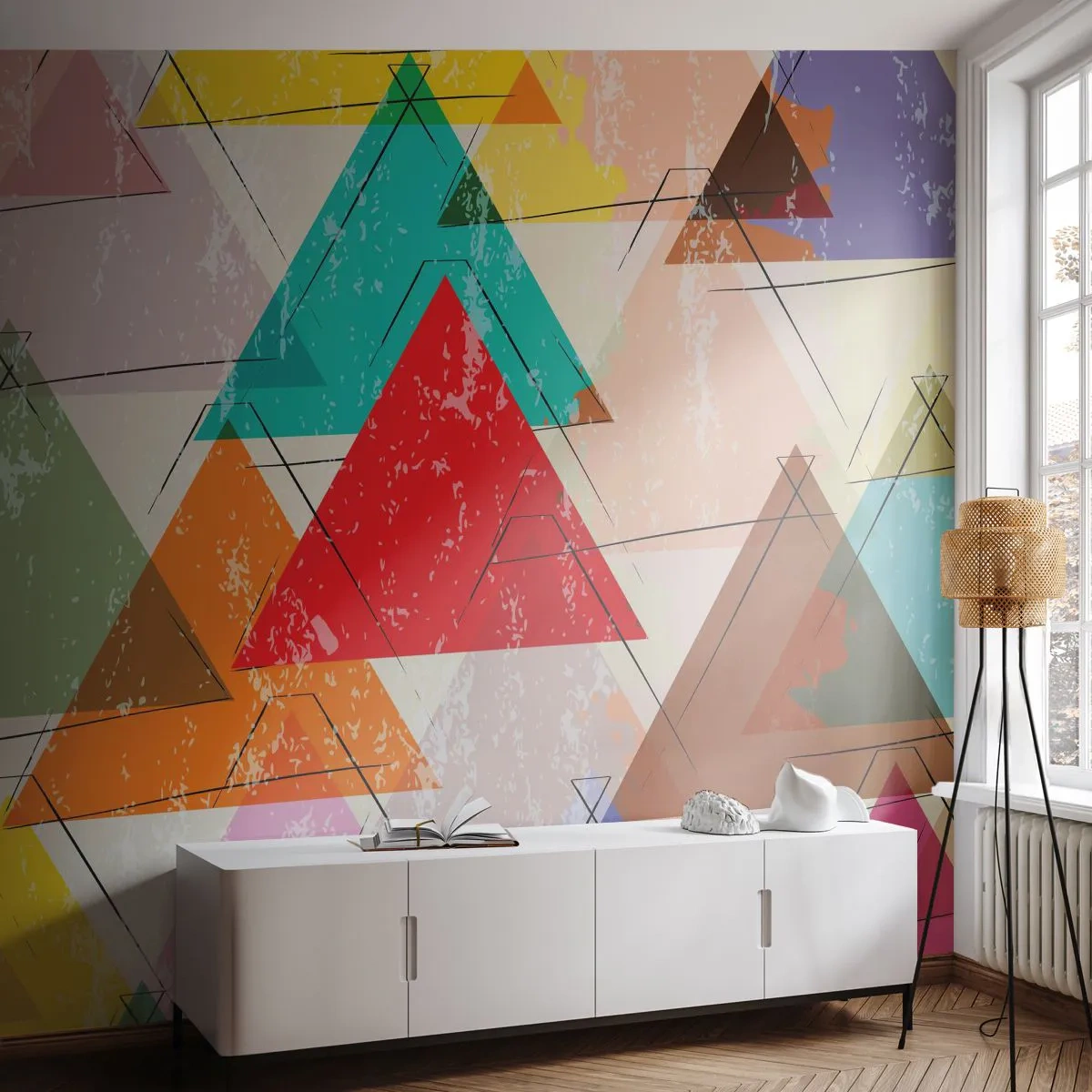 Fototapete Premium Sand - Bunte geometrische Dreiecke im abstrakten Stil - 100x70cm - Drei mal drei - Moderne Wanddekoration für Wohnzimmer und Schlafzimmer ARTTOR