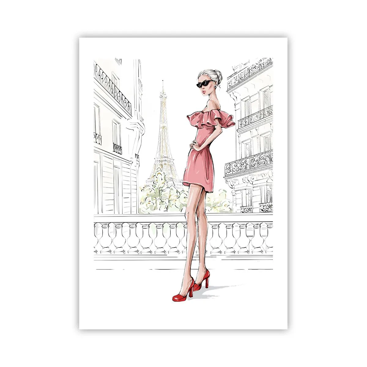 Poster - Eine elegante Frau in einem rosa Kleid mit dem Eiffelturm im Hintergrund - 50x70cm - Modekunst - Moderne Wanddekoration für Wohnzimmer und Schlafzimmer ARTTOR