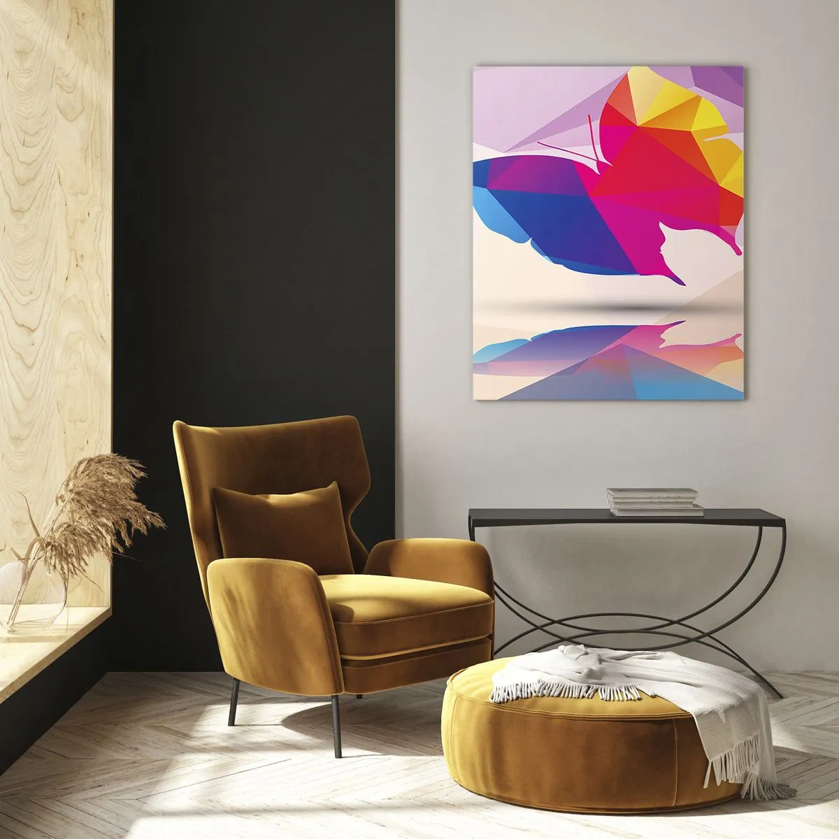 Glasbild - Bild auf glas - Geometrischer Schmetterling in leuchtend bunter Abstraktion - 50x70cm - Regenbogenschmetterling - Moderne Wanddekoration für Wohnzimmer und Schlafzimmer ARTTOR