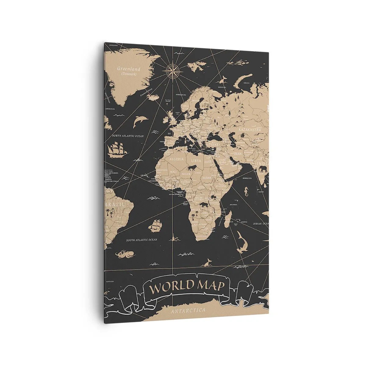 Bild auf Leinwand - Leinwandbild - Eine stilisierte Weltkarte auf schwarzem Hintergrund mit beigen Akzenten. - 80x120cm - Die Grenzen meiner Welt - Moderne Wanddekoration für Wohnzimmer und Schlafzimmer ARTTOR