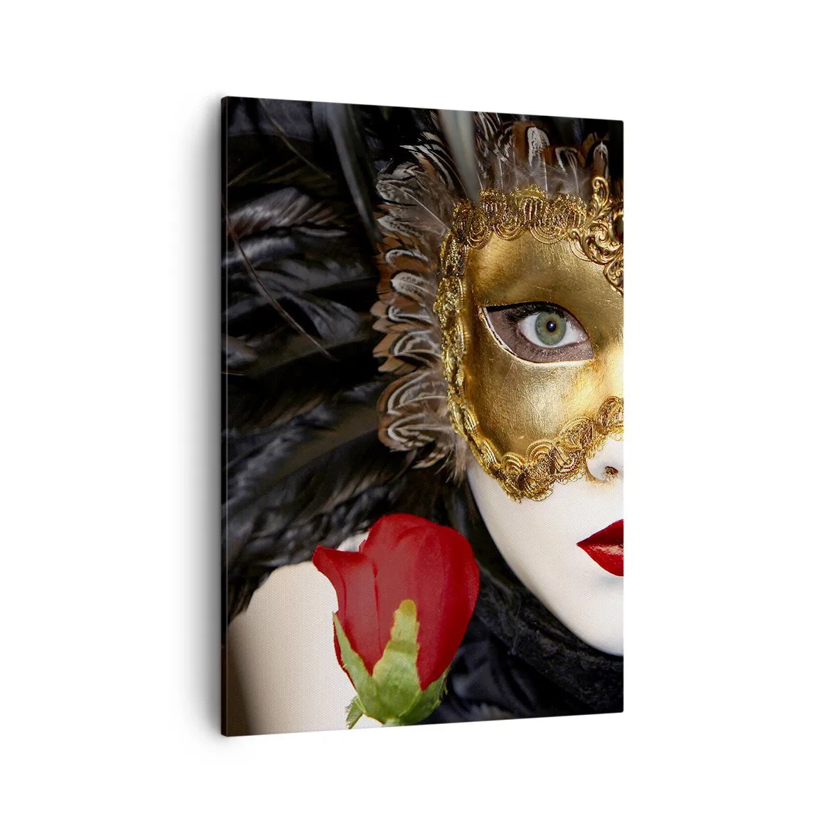 Bild auf Leinwand - Leinwandbild - Goldene venezianische Maske mit Federn und einer roten Rose, geheimnisvolles Motiv. - 50x70cm - Denn das Leben ist ein großer Ball - Moderne Wanddekoration für Wohnzimmer und Schlafzimmer ARTTOR