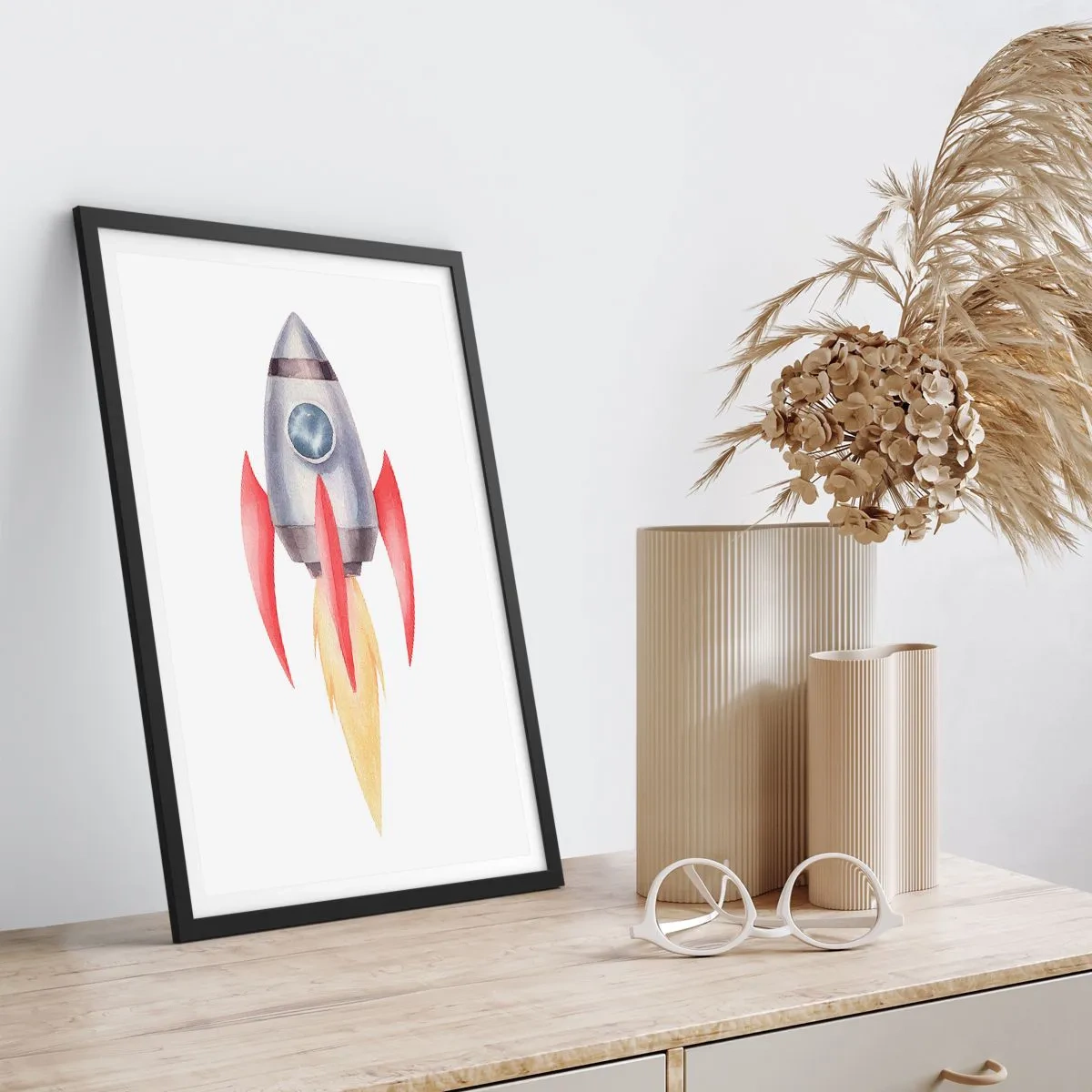 Poster in einem schwarzem Rahmen - Weltraumrakete im Aquarellstil - 50x70cm - Höher, schneller, weiter - Moderne Wanddekoration für Wohnzimmer und Schlafzimmer ARTTOR