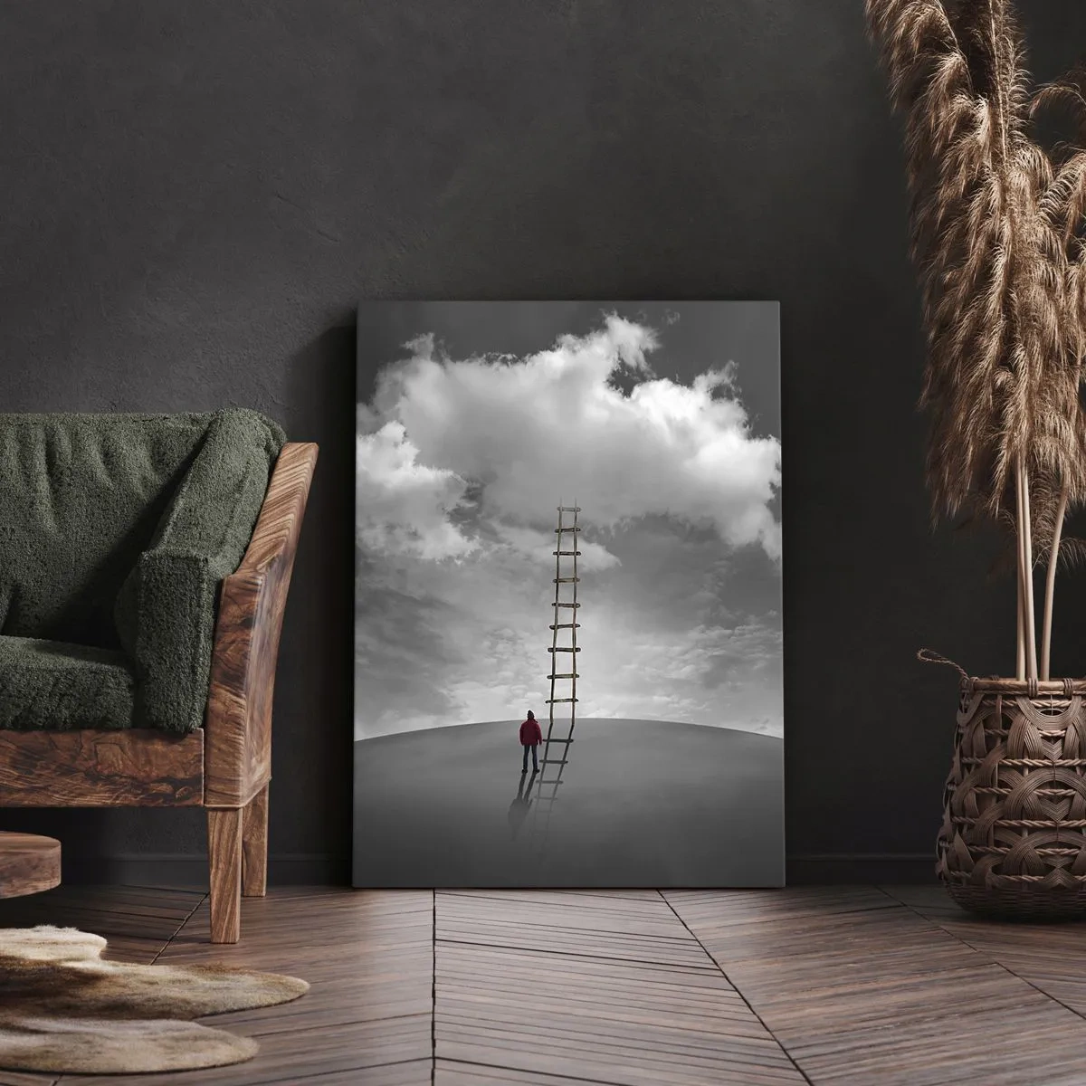 Bild auf Leinwand - Leinwandbild - Eine Person in einem roten Mantel und eine Leiter, die zu einer Wolke führt - 50x70cm - Alles ist möglich - Moderne Wanddekoration für Wohnzimmer und Schlafzimmer ARTTOR