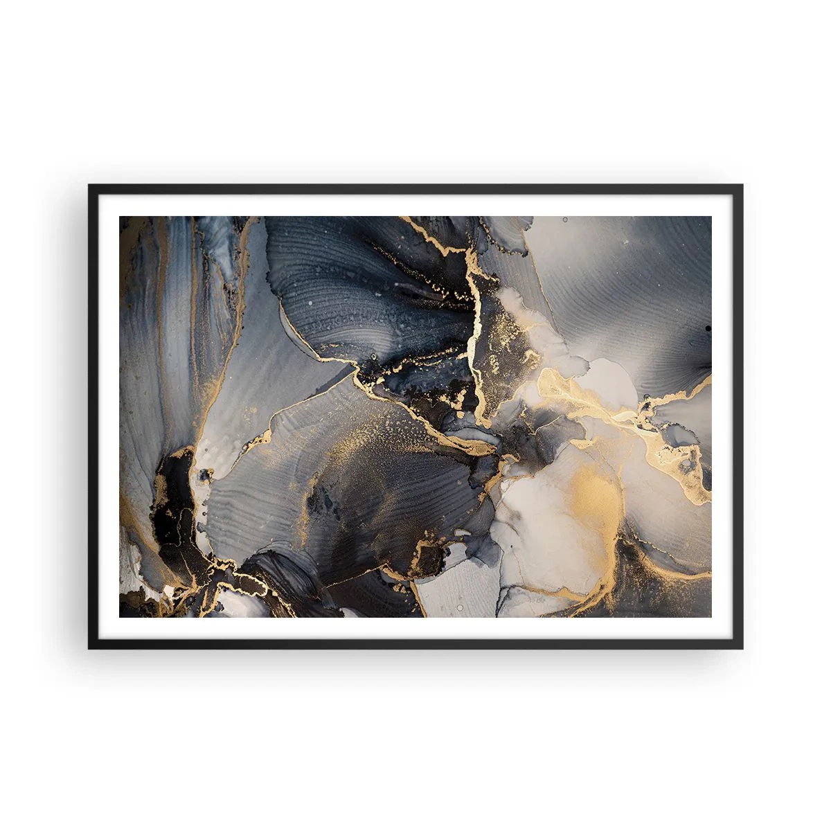 Poster in einem schwarzem Rahmen - Abstraktes Gold und Grau auf Leinwand - 100x70cm - Leben aus Stein - Moderne Wanddekoration für Wohnzimmer und Schlafzimmer ARTTOR