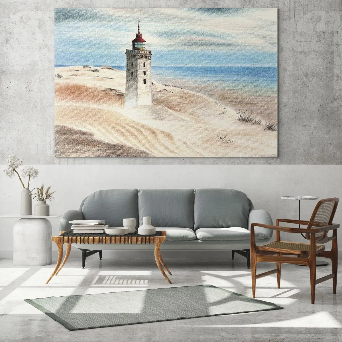 Glasbild - Bild auf glas - Ein Leuchtturm auf einer Wüstendüne an einem ruhigen Meer - 120x80cm - Immer aufs Meer starrend - Moderne Wanddekoration für Wohnzimmer und Schlafzimmer ARTTOR