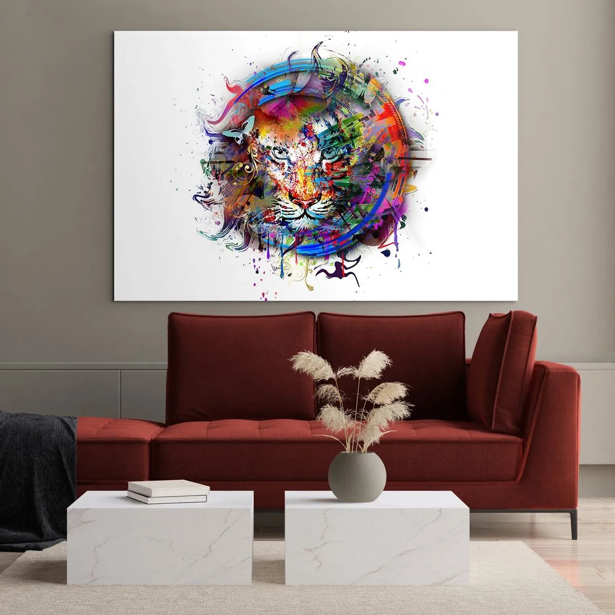 Glasbild - Bild auf glas - Farbenfrohes Löwenporträt im künstlerischen Stil mit abstrakten Akzenten - 70x50cm - Es lauert hinter einem Regenbogenschleier - Moderne Wanddekoration für Wohnzimmer und Schlafzimmer ARTTOR