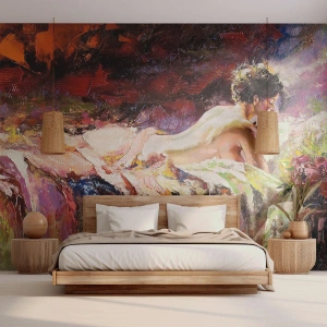 Fototapete Premium Canvas - Eine Frau liegt auf einem Bett vor einem Hintergrund aus abstrakten Farben. - 100x70cm - Venus in Gedanken - Moderne Wanddekoration für Wohnzimmer und Schlafzimmer ARTTOR
