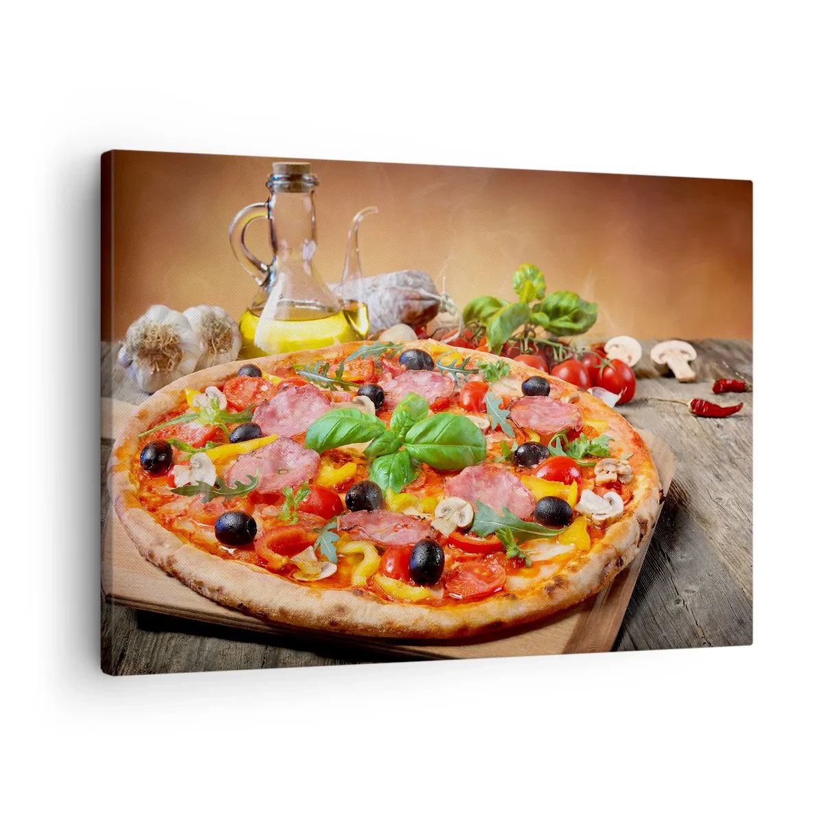 Bild auf Leinwand - Leinwandbild - Appetitliche Pizza auf einem Holztisch mit Belag - 70x50cm - Mit echtem italienischem Flair - Moderne Wanddekoration für Wohnzimmer und Schlafzimmer ARTTOR