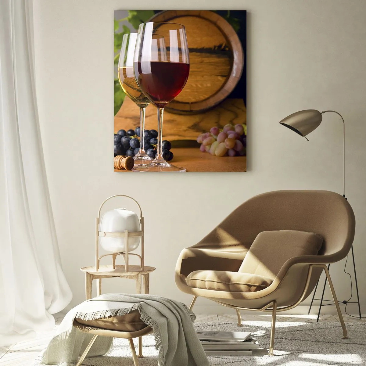 Glasbild - Bild auf glas - Gläser Wein mit Trauben, ein Fass und Flaschen auf einem Holztisch - 70x100cm - Wie die alten Meister - Moderne Wanddekoration für Wohnzimmer und Schlafzimmer ARTTOR