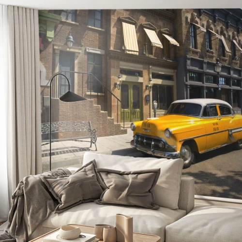 Selbstklebende Fototapete Deluxe Sticker - Vor langer Zeit in Amerika - Stadt, Taxi, New York - 350x256 cm