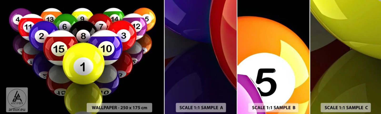 Fototapetenmuster Standard Eco - Verschiedene Spielfarben - Sport, Billard, Billardkugeln - 100x30 cm