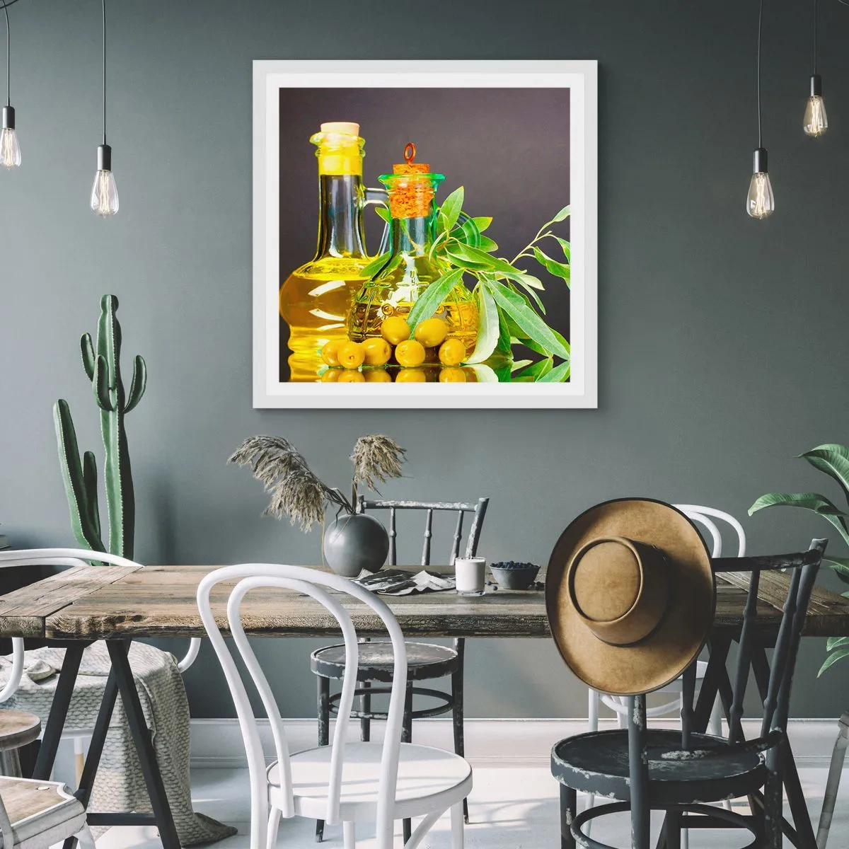 Poster in einem weißen Rahmen - Stillleben mit Oliven und Olivenöl - 50x50 cm