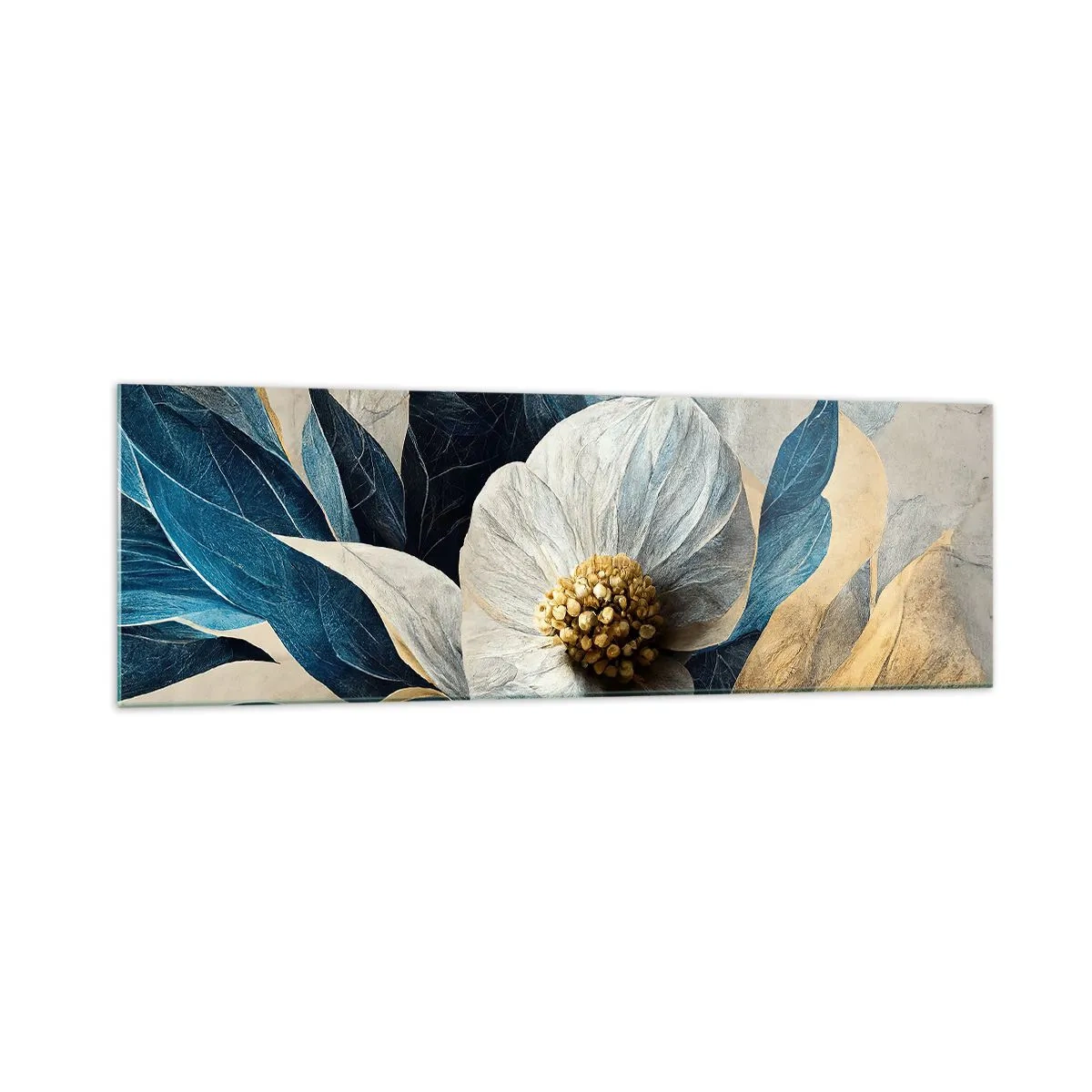 Glasbild - Bild auf glas - Eine Blume mit blauen Blättern auf einem eleganten Hintergrund - 160x50cm - Er hat ein Herz aus Gold - Moderne Wanddekoration für Wohnzimmer und Schlafzimmer ARTTOR