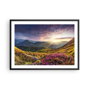 Poster in einem schwarzem Rahmen - Berglandschaft mit blühenden Rhododendren - 70x50cm - Frische am Bergmorgen - Moderne Wanddekoration für Wohnzimmer und Schlafzimmer ARTTOR
