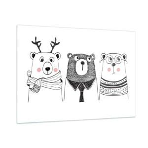 Glasbild - Bild auf glas - Drei lustige Bären in einer Schwarz-Weiß-Illustration - 100x70cm - Teddybär, Teddybär und Bär - Moderne Wanddekoration für Wohnzimmer und Schlafzimmer ARTTOR