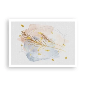 Poster - Ein zartes goldenes Blattmotiv auf pastellfarbenem Hintergrund mit Aquarelldetails. - 100x70cm - Goldenr Hauch - Moderne Wanddekoration für Wohnzimmer und Schlafzimmer ARTTOR