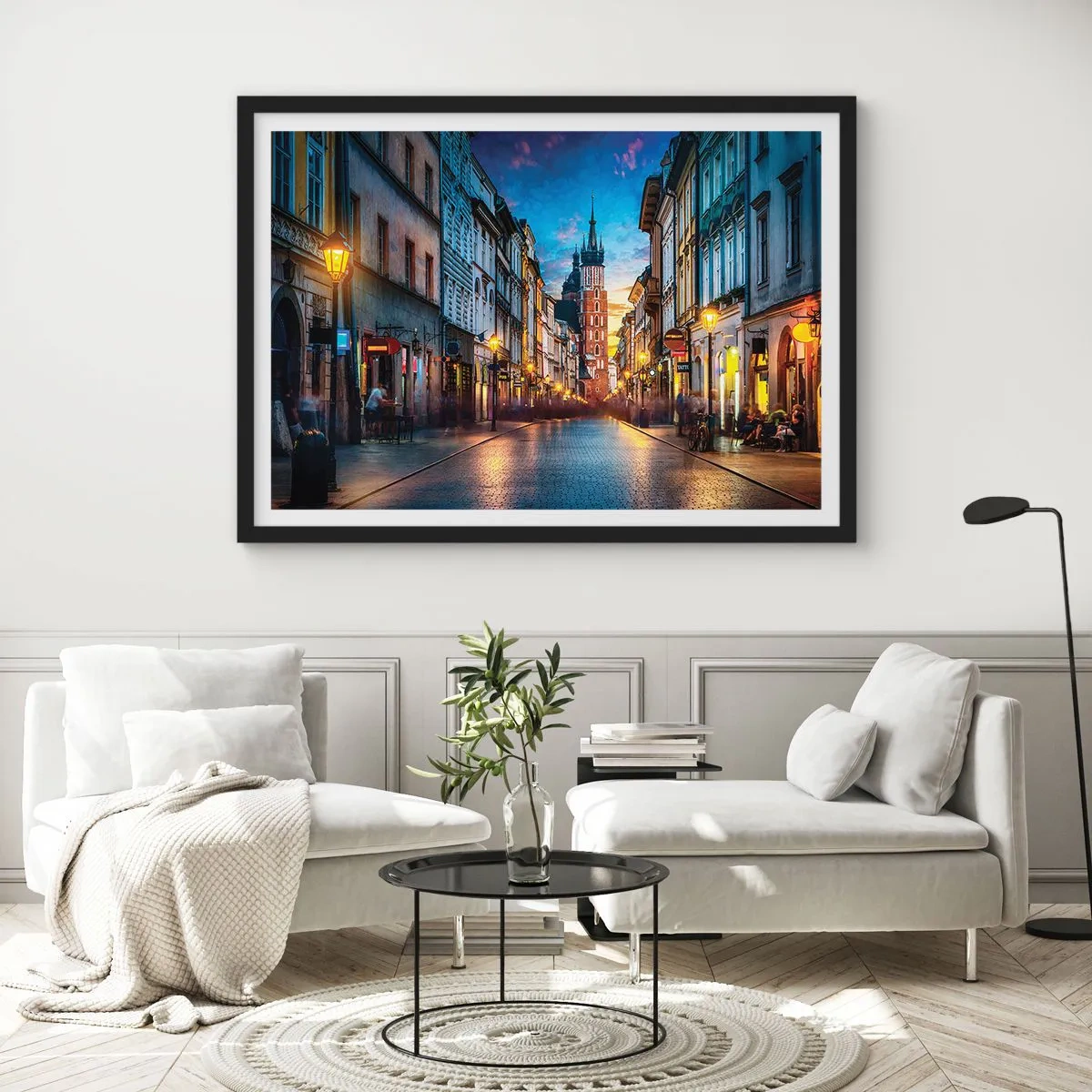 Poster in einem schwarzem Rahmen - Abendliche Straße mit Blick auf die Krakauer Kathedrale - 100x70cm - Krakauer Charme - Moderne Wanddekoration für Wohnzimmer und Schlafzimmer ARTTOR