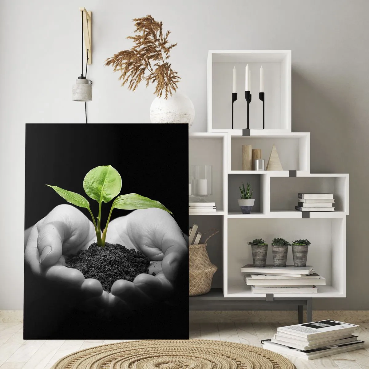Glasbild - Bild auf glas - Eine junge Pflanze in den Händen vor schwarzem Hintergrund - 50x70cm - Ich liebe die Natur, ich beschütze sie - Moderne Wanddekoration für Wohnzimmer und Schlafzimmer ARTTOR
