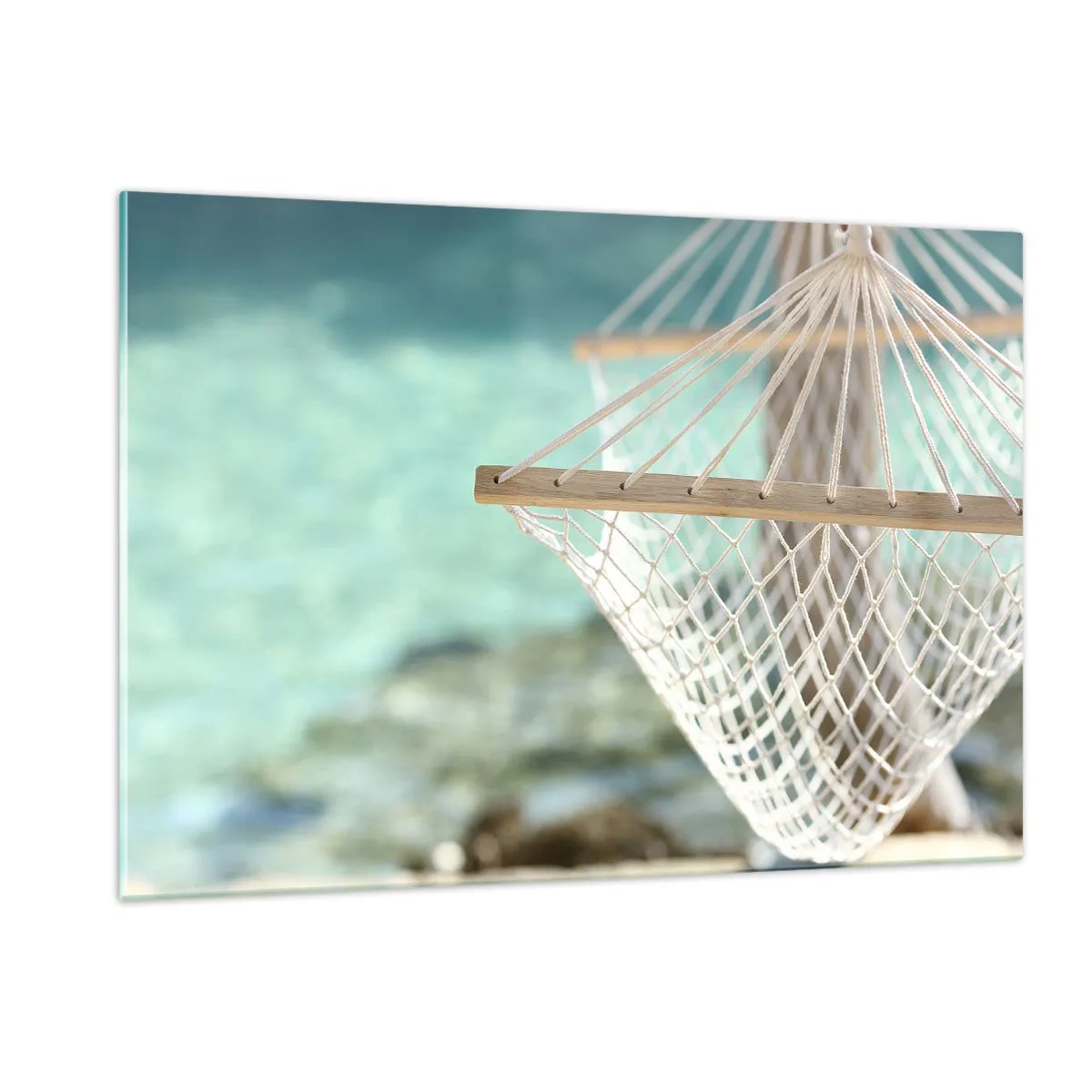 Glasbild - Bild auf glas - Eine Hängematte mit Blick auf das kristallklare türkisfarbene Wasser - 120x80cm - Zeit zum Entspannen - Moderne Wanddekoration für Wohnzimmer und Schlafzimmer ARTTOR
