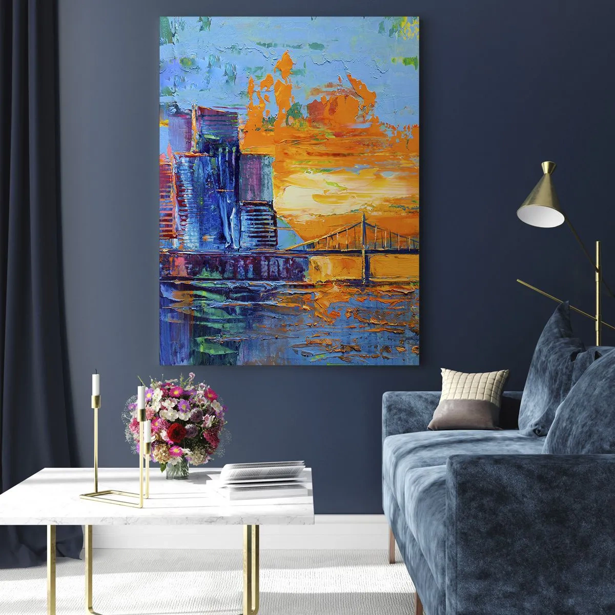 Glasbild - Bild auf glas - Die farbenfrohe Stadt und die Brücke im Schein der untergehenden Sonne - 50x70cm - Kultur und Natur - Moderne Wanddekoration für Wohnzimmer und Schlafzimmer ARTTOR