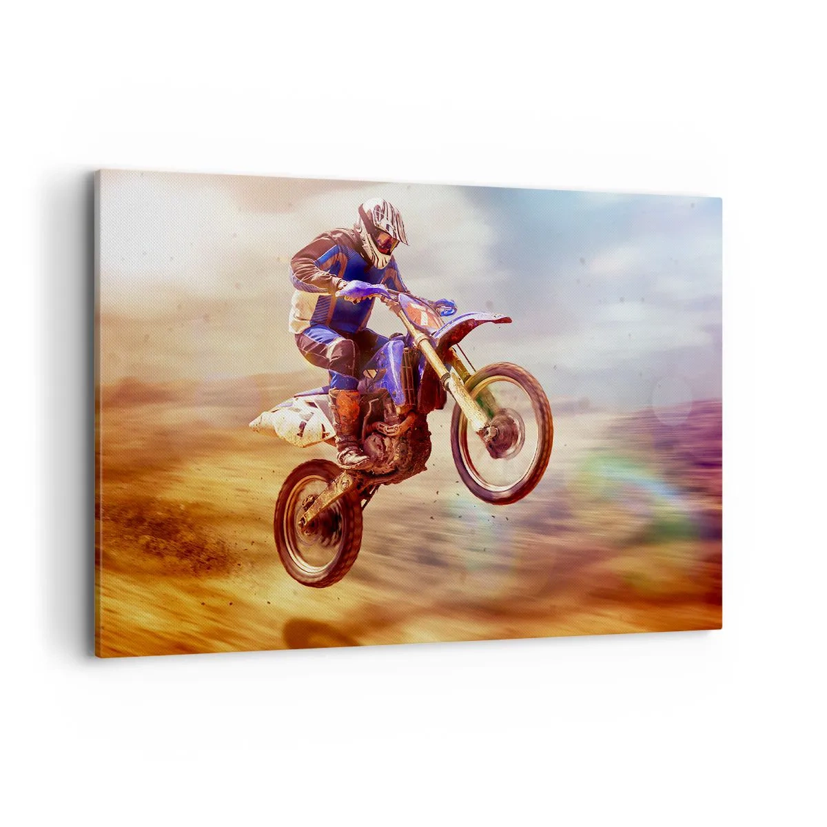 Bild auf Leinwand - Leinwandbild - Ein Motorradfahrer im Flug während einer dynamischen Offroad-Fahrt - 120x80cm - Motorradschwindel - Moderne Wanddekoration für Wohnzimmer und Schlafzimmer ARTTOR