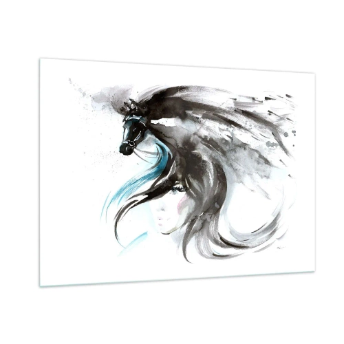 Glasbild - Bild auf glas - Porträt einer Frau und eines Pferdes in einer künstlerischen, dynamischen Komposition - 100x70cm - Schwarzer Prinz Galopp - Moderne Wanddekoration für Wohnzimmer und Schlafzimmer ARTTOR