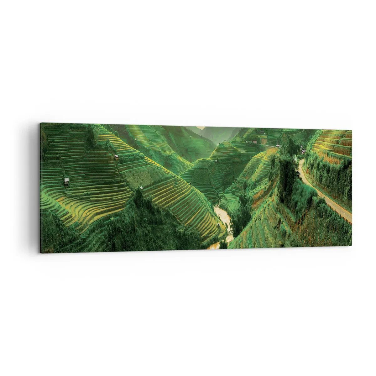 Bild auf Leinwand - Leinwandbild - Malerische Reisterrassen in einem grünen Tal, beleuchtet von der untergehenden Sonne - 140x50cm - Vietnamesisches Tal - Moderne Wanddekoration für Wohnzimmer und Schlafzimmer ARTTOR