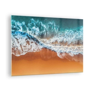 Glasbild - Bild auf glas - Eine Vogelperspektive auf die Meereswellen, die gegen die Küste schlagen - 70x50cm - Immer Hand in Hand - Moderne Wanddekoration für Wohnzimmer und Schlafzimmer ARTTOR