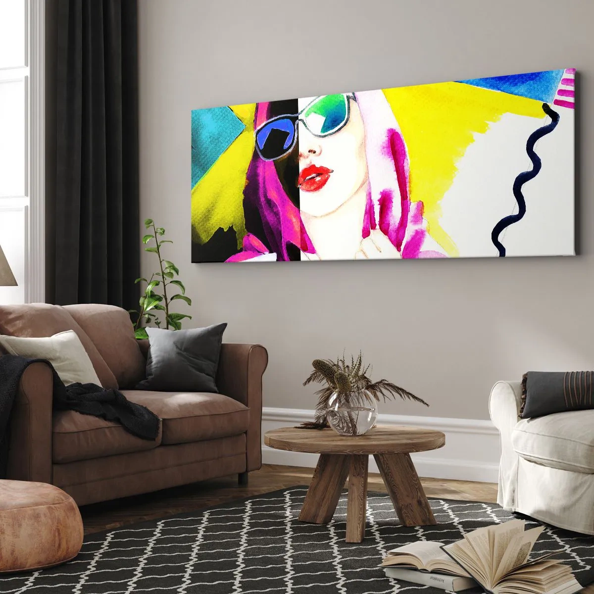 Bild auf Leinwand - Leinwandbild - Buntes Porträt einer Frau mit Sonnenbrille - 120x50cm - Ich bin nicht weiß und ich bin nicht schwarz - Moderne Wanddekoration für Wohnzimmer und Schlafzimmer ARTTOR