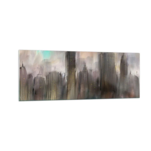 Glasbild - Bild auf glas - Eine künstlerische Vision einer Stadtlandschaft mit Wolkenkratzern in Pastellfarben. - 140x50cm - Eine Komposition aus Stahl, Stein und Nebel - Moderne Wanddekoration für Wohnzimmer und Schlafzimmer ARTTOR