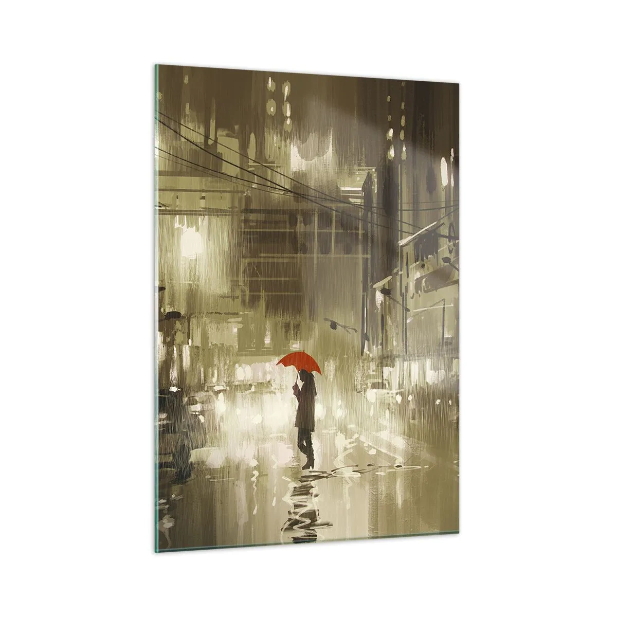 Glasbild - Bild auf glas - Person mit rotem Regenschirm im regnerischen Stadtlicht bei Nacht - 50x70cm - Allein aber nicht einsam - Moderne Wanddekoration für Wohnzimmer und Schlafzimmer ARTTOR