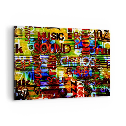 Bild auf Leinwand - Leinwandbild - Bunte Abstraktion mit Musikinschriften im Pop-Art-Stil - 120x80cm - Alle Farben des Klangs - Moderne Wanddekoration für Wohnzimmer und Schlafzimmer ARTTOR