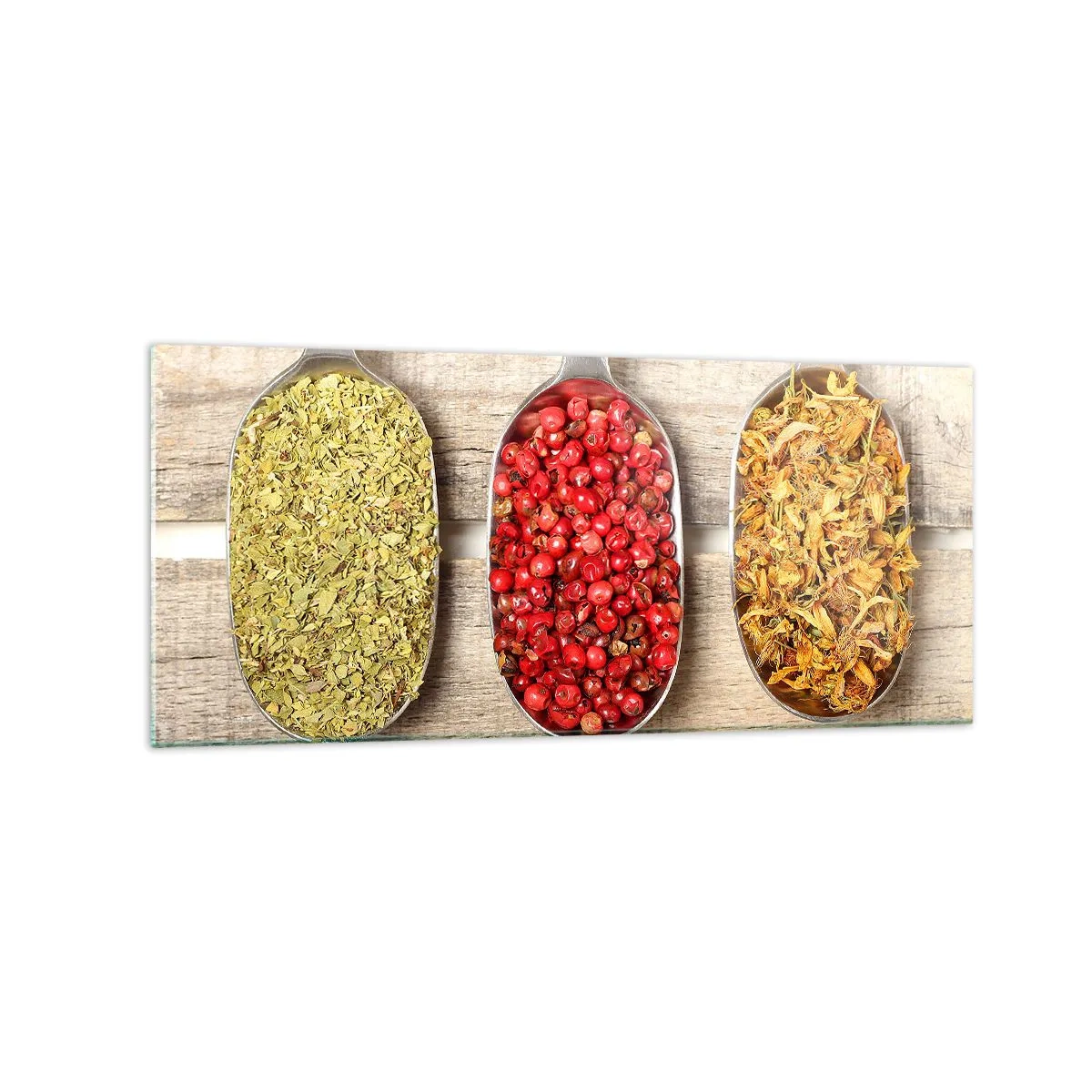 Glasbild - Bild auf glas - Drei Metalllöffel mit Gewürzen auf einem hölzernen Hintergrund - 120x50cm - Küchenzauber - Moderne Wanddekoration für Wohnzimmer und Schlafzimmer ARTTOR