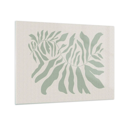Glasbild - Bild auf glas - Ein smaragdgrüner Zweig mit organischen Formen auf hellem Hintergrund - 70x50cm - Smaragdzweig - Moderne Wanddekoration für Wohnzimmer und Schlafzimmer ARTTOR