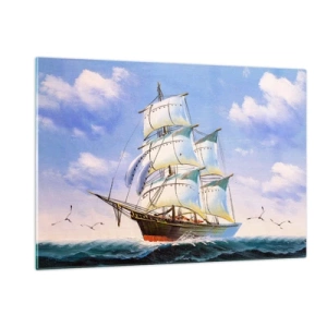 Glasbild - Bild auf glas - Ein Segelschiff auf hoher See unter blauem Himmel - 120x80cm - Mit Stolz mit dem Wind - Moderne Wanddekoration für Wohnzimmer und Schlafzimmer ARTTOR