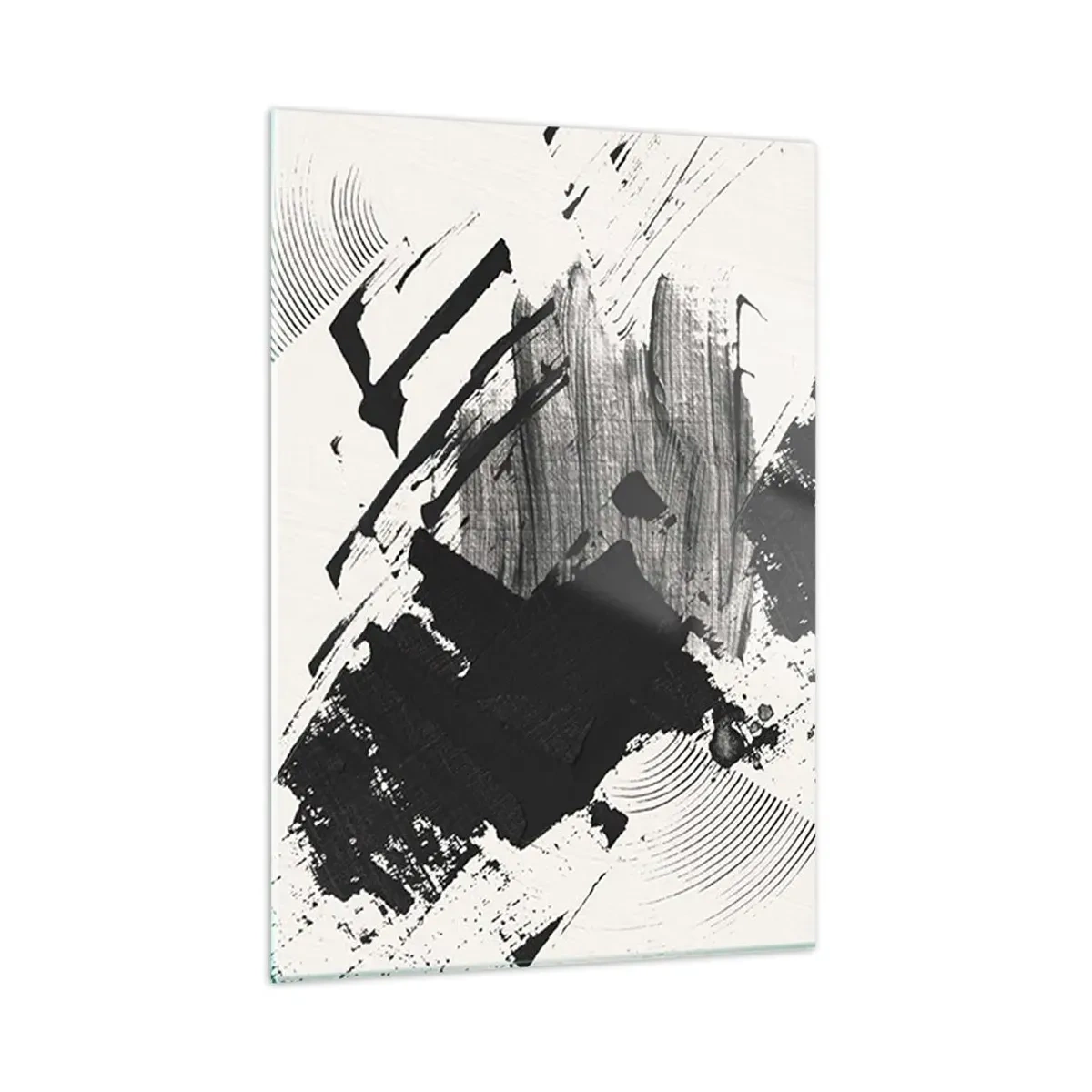 Glasbild - Bild auf glas - Ausdrucksstarke Abstraktion in Schwarzweiß mit dynamischen Strichen. - 50x70cm - Abstraktion – Ausdruck von Schwarz - Moderne Wanddekoration für Wohnzimmer und Schlafzimmer ARTTOR