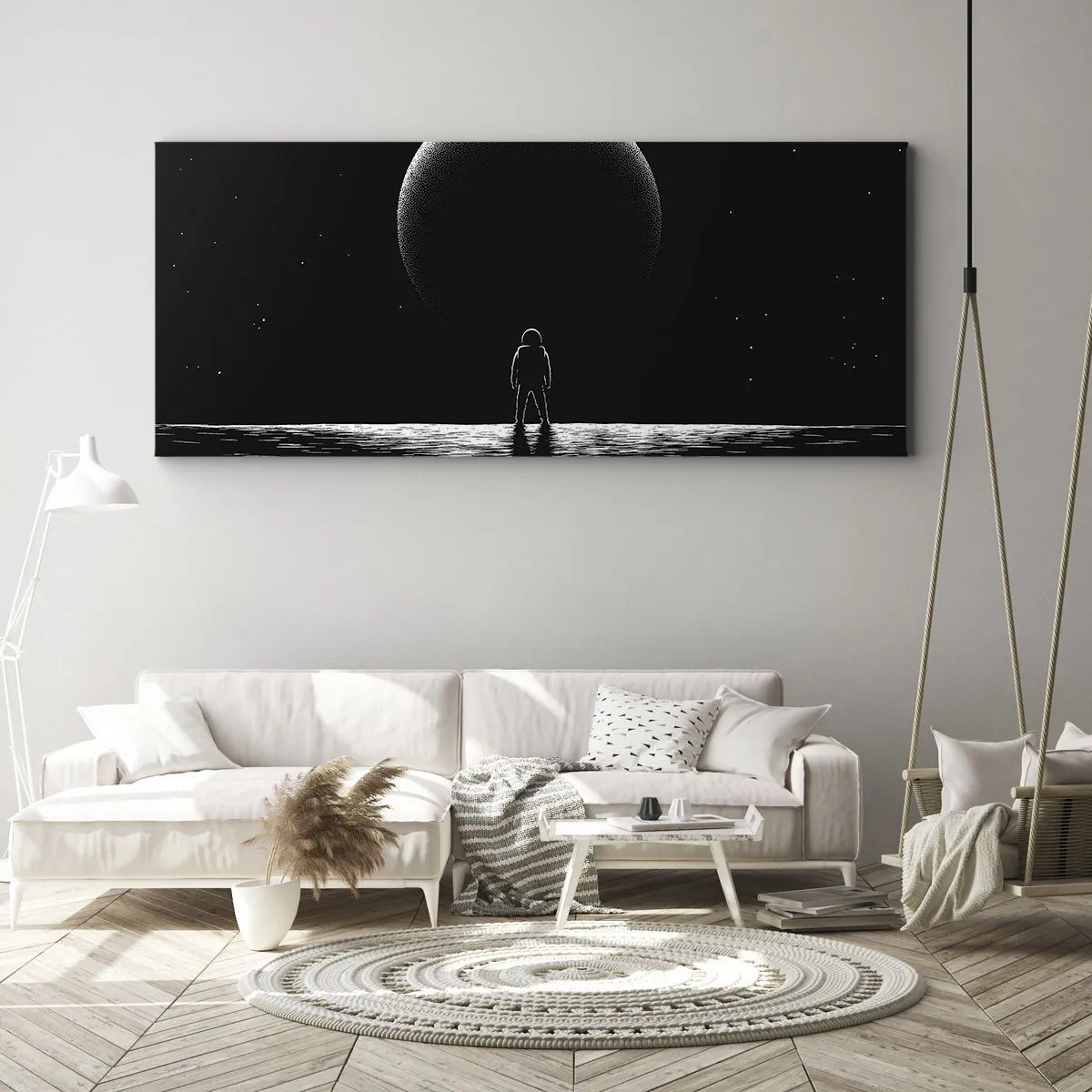 Bild auf Leinwand - Leinwandbild - Ein Astronaut vor dem Hintergrund eines großen Planeten im Weltraum - 160x50cm - Angesicht zu Angesicht - Moderne Wanddekoration für Wohnzimmer und Schlafzimmer ARTTOR